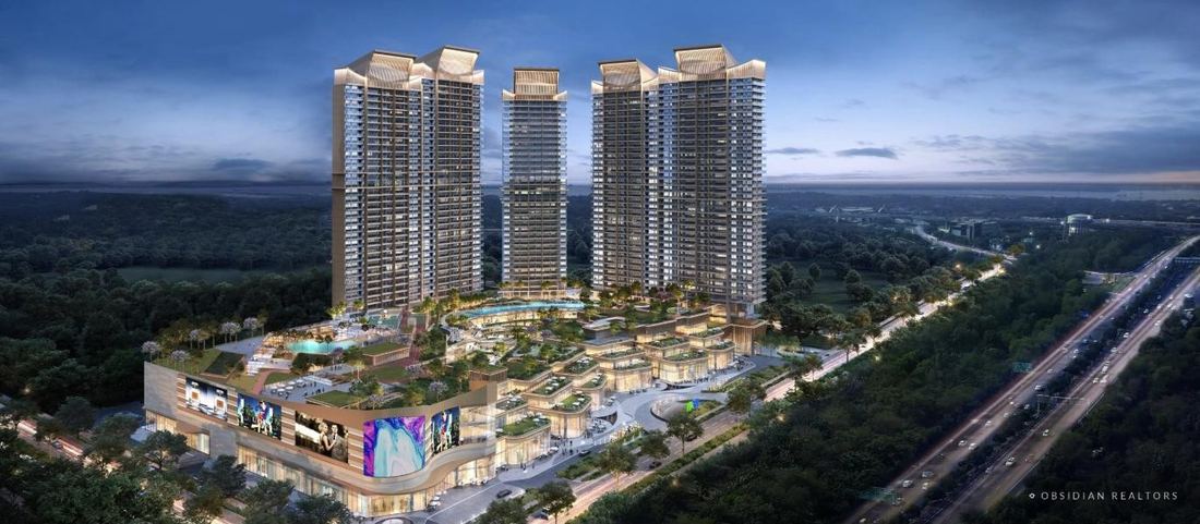 Aerial render of the five towers and retail podium at M3M The Cullinan, Sector 94, Noida